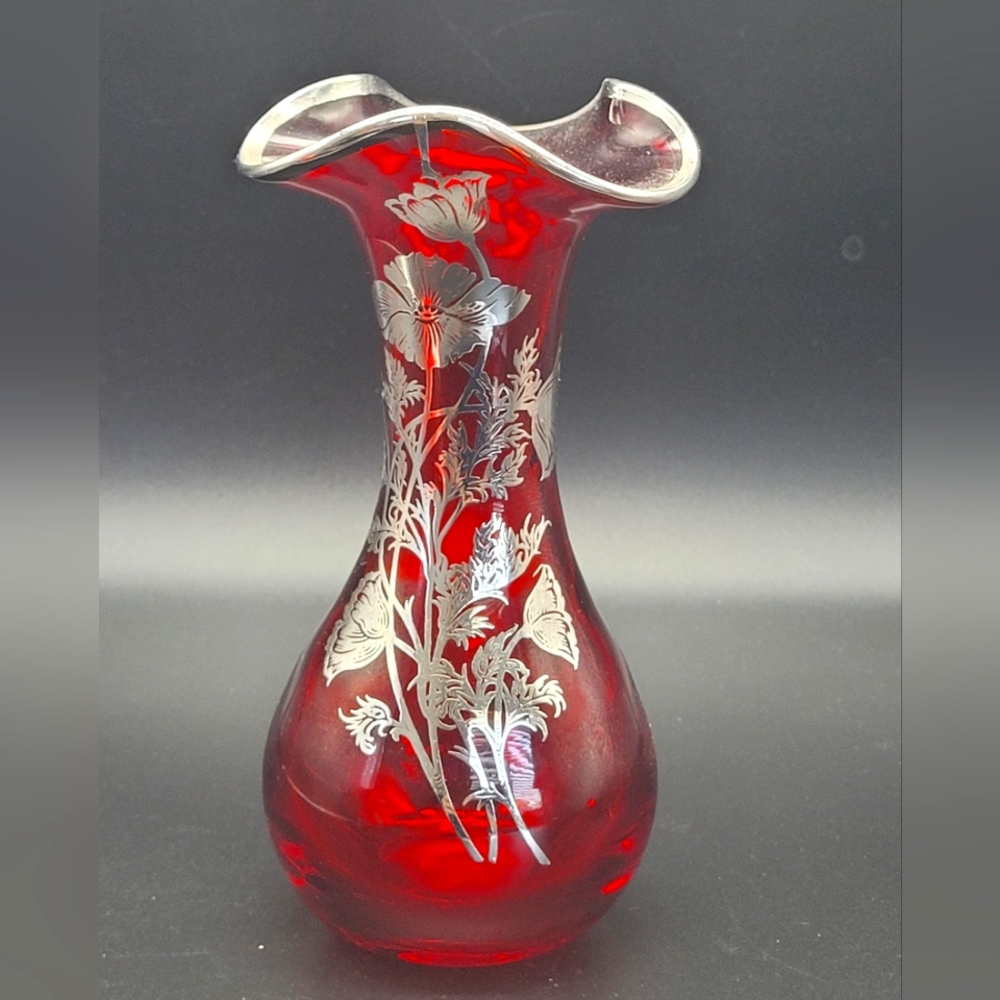 Vintage MCM Ruby Red Glass Silver Overlay Ruffled Top Hand Blown c. 1950-1960